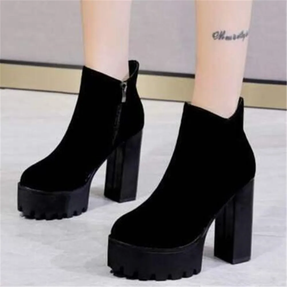 

Newest Women Side Zipper Ankle Boots Comfortable Platform Round Toe Thick High Heel Shoes Ladies Fashion Flock 10/12 CM Pumps