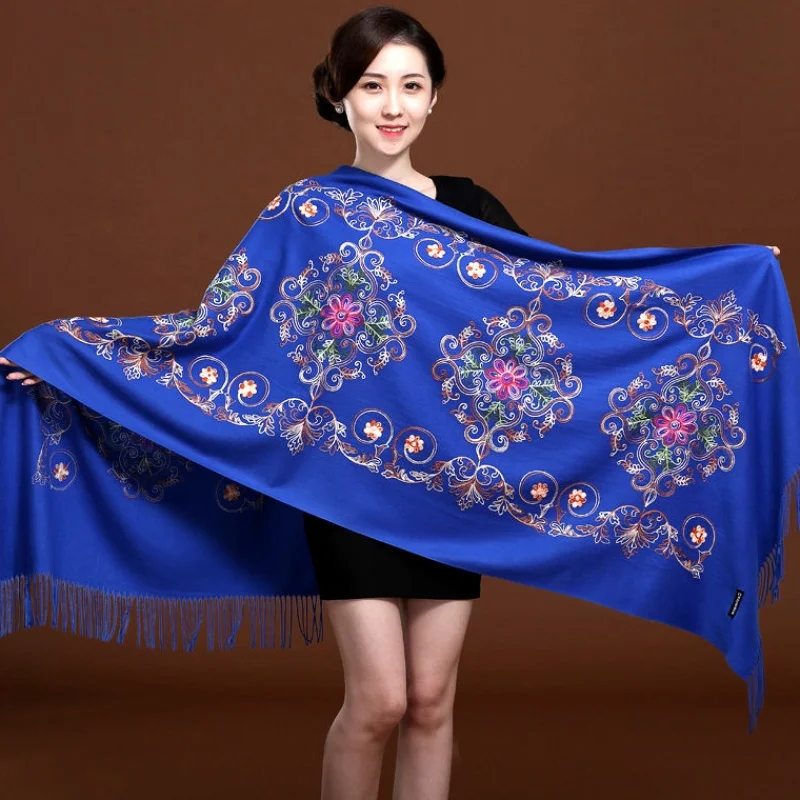 Jewel blue shawl autumn and winter new scarf soft wild oversized cashmere embroidery flower shawl ladies tassel Warm shawl