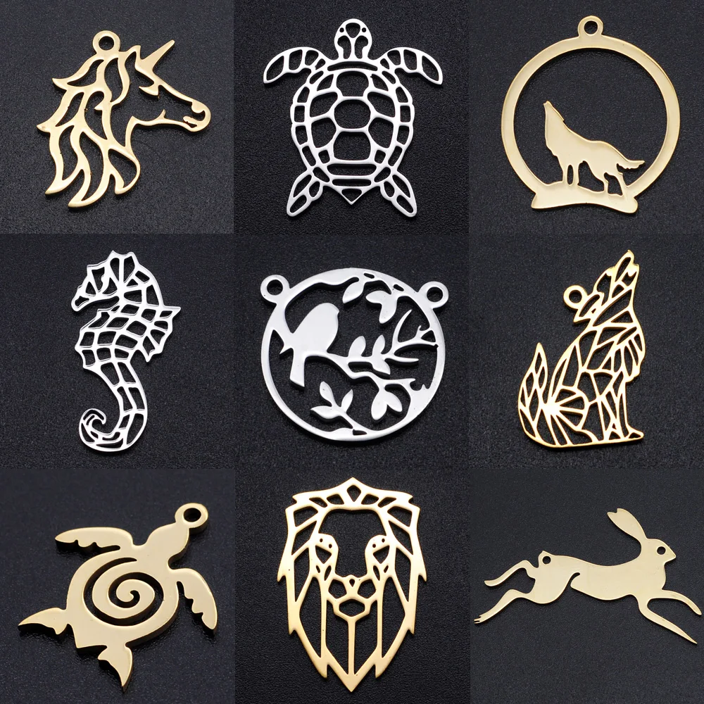 10pcs/lot Wholesale 316 Stainless Steel Hollow Turtle Rabbit DIY Charms Elephant Wolf Bird Necklace Pendant Woman Lion Jewelry