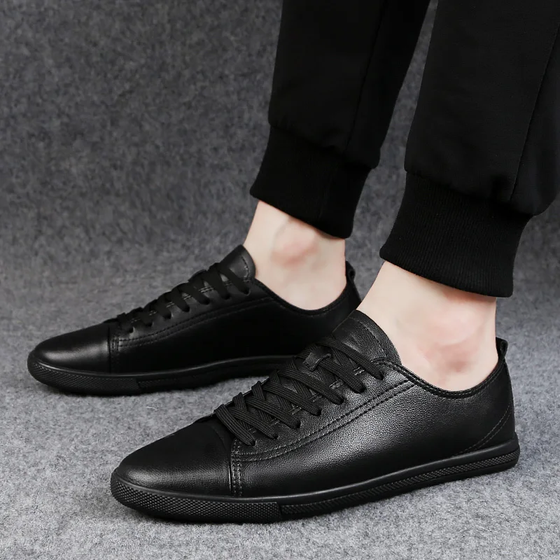 Mens White Shoes Genuine Leather Breathable Sneakers Black Flats wild casual tide shoes