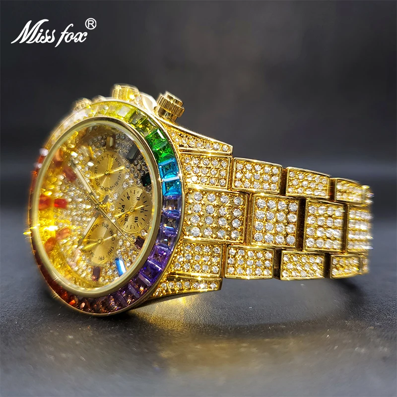 Gold Watch For Men MISSFOX Rainbow Baugette Classic Stylish Quartz Wristwatches With Calendar Diamond Timepiece Dropshipping