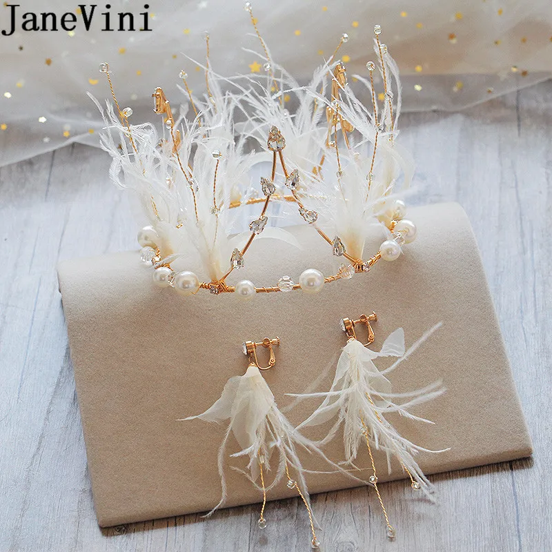 JaneVini-corona redonda de plumas blancas para novia, Tiaras DE BODA coreanas, coronas con pendientes, accesorios para el cabello de princesa con cuentas para fiesta