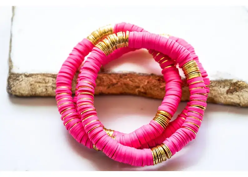 10Pcs 8mm Gold Copper Sheets Rose Red Color Polymer Clay Disc Heishi Beads Elastic Stretch Bracelet Boho Vinyl Bracelet Jewelry