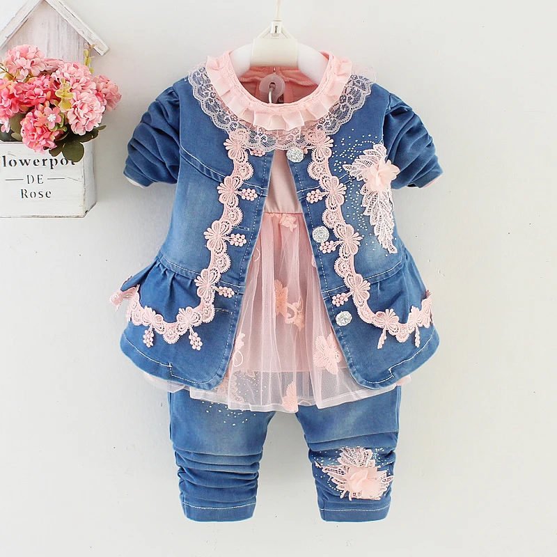 Spring Autumn Infant Toddler Baby Girl Denim Clothing Sets 3 pcs Long Sleeve T Shirt Tops Denim Jacket and Jeans Trousers