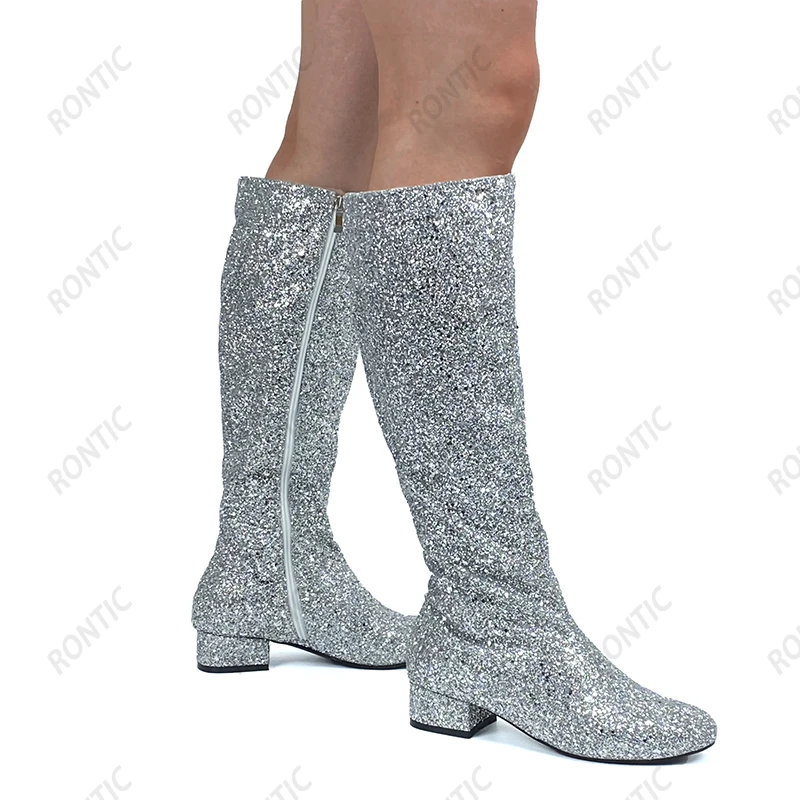 Rontic Handmade Women Winter Knee Boots Glitter Side Zipper Flat With Heels Round Toe Gorgoeus Silver Dress Shoes US Size 5-20