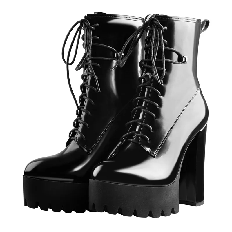 Onlymaker Round Toe Black Patent Leather Chunky High Heels Platform Ankle Boots Big Size Shoes