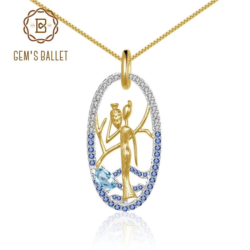 GEM'S BALLET 925 Sterling Silver Golden Woman Fetch Water Pendant Necklace 0.57Ct Natural Swiss Blue Topaz For Women Jewelry