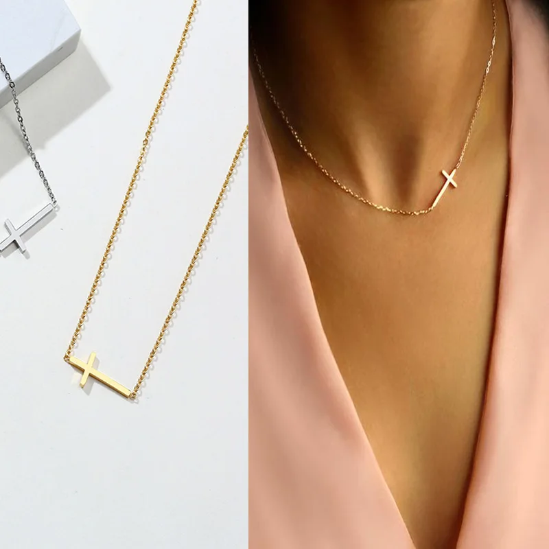 Tiny Zijdelingse Cross Ketting Hanger Rvs Dainty Minimalistische Cross Choker Ketting Sieraden