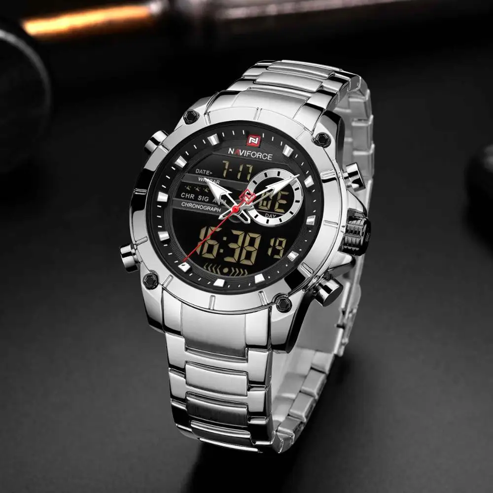 NAVIFORCE 9163 New Watches for Men Luxury Sports Quartz Wrist Watch Male Stainless Steel Waterproof Dual Display Digital Clock