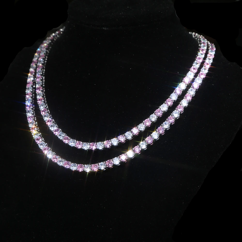 2025 Luksusowa nowa moda Iced Out Bling Big Carat Round Cut White Pink Cz Tennis Charm Choker Naszyjniki dla kobiet Biżuteria ślubna — zdjęcie 3