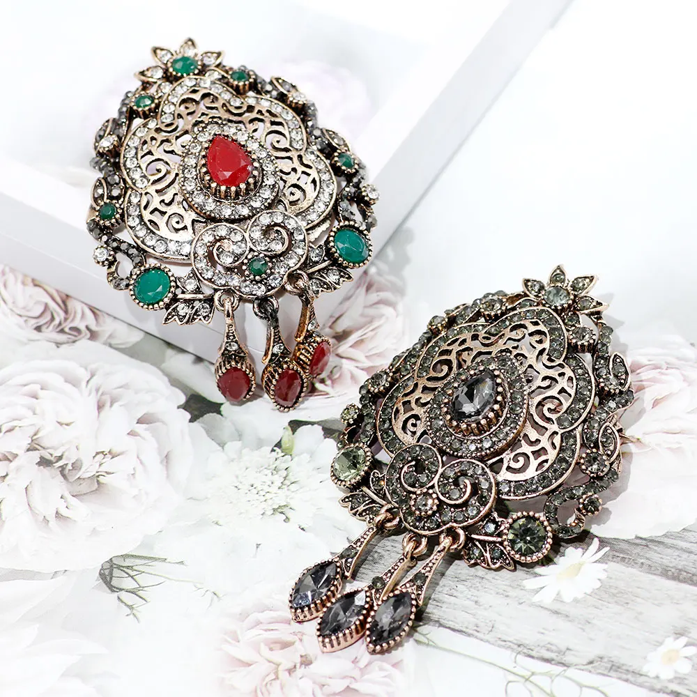 Sunspicems Bohemia Crystal Brooch Pins Turkish Metal Scarf Clothing Flower Broches Brooches Arab Gray Stone Jewelry Christmas