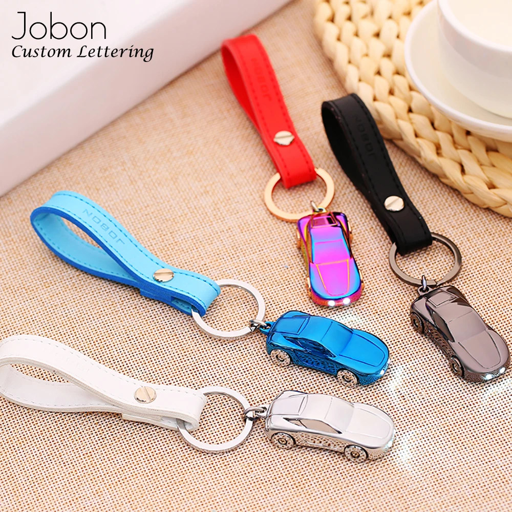 Jobon Custom Lettering Keychain LED Lights Key Chains Customize Gift For Car Key Chain Leather Rope Holder Zinc Alloy Pendant