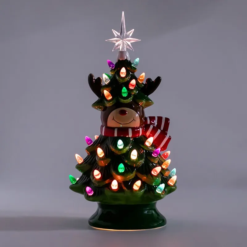 Customized 2021 table decoration LED lighting gift snowman ceramic Christmas tree (minimum order of 1000 pieces)