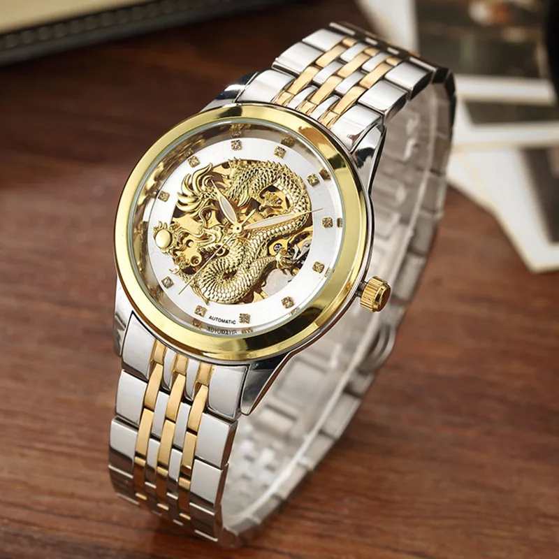 

Gorben Dragon Skeleton Automatic Mechanical Watches Stainless Steel Strap Men Wrist Watch Waterproof Sport Male Wristwatch