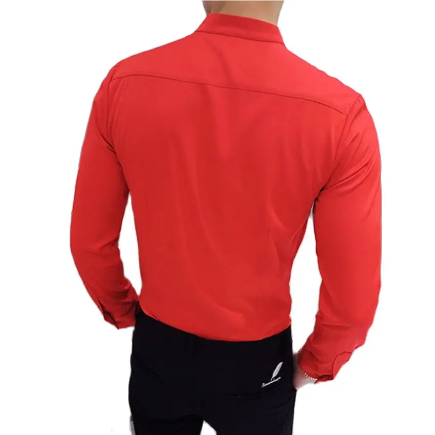 Black Male Stretch Long Sleeve Shirts/Men\'s High Quality Stand Collar Pure Slim Fit Business Shirt Red White Camisa Man Chemise