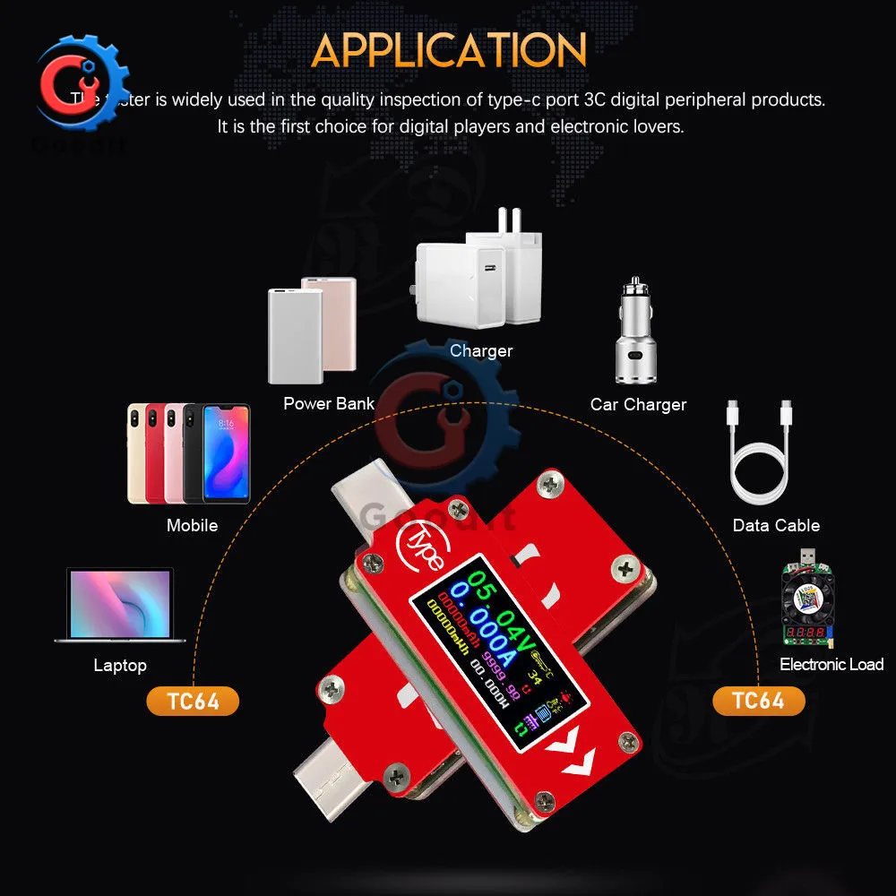 TC64 QC2.0 QC3.0 Type-C color LCD USB Voltmeter Ammeter Voltage Current Meter Multimeter Battery Charger Power Bank USB Tester