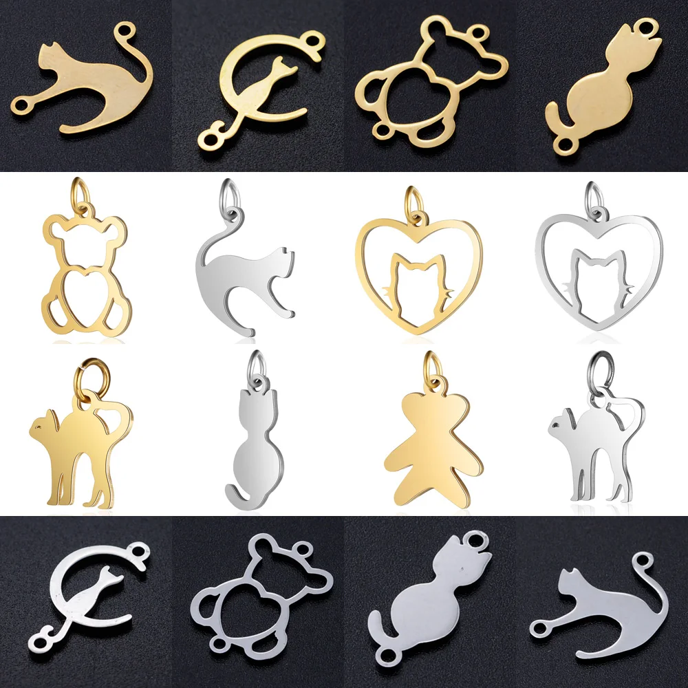 5pcs/lot diy cat on moon stainless steel charm pendant wholesale heart running cats bear jewelry bracelet connector charms