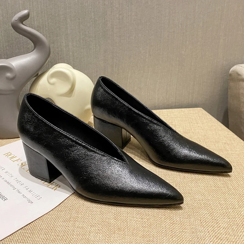 New Spring Autumn HIgh Heel Shoes Elegant Chunky High Heeeled Pumps Sexy Pointed Toe Evening Shoes Women Shoes V Cut Shoes c324