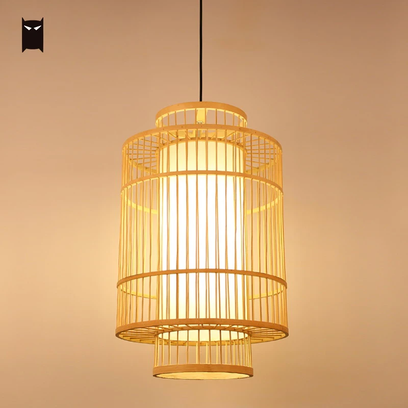 Handmade Bamboo Wicker Rattan Rod Pendant Light Fixture Chinese Japanese Rustic Hanging Ceiling Lamp Luminaire Tatami Foyer Room