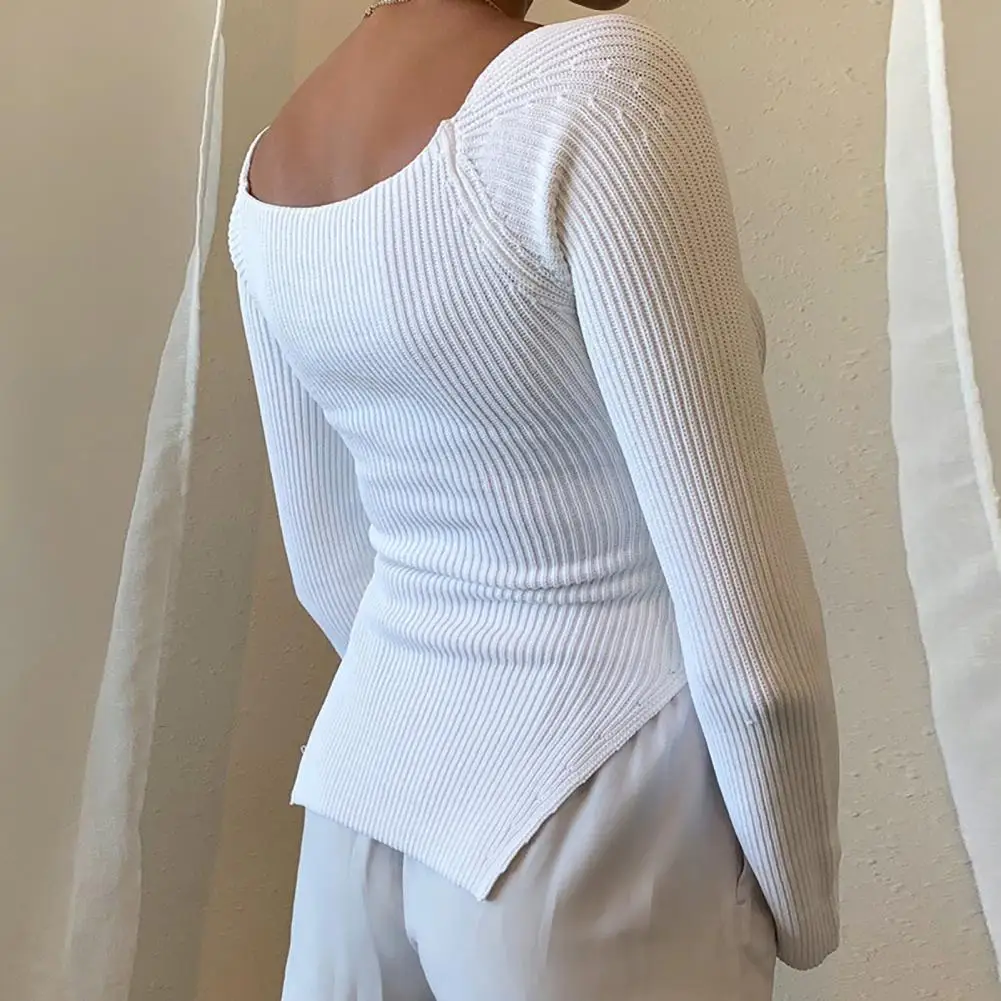 Sexy Off Shoulder Knit Sweater Square Neck Irregular Hem Autumn Winter Knitwear Solid Color Long Sleeve Knitted Jumpers Top 2021