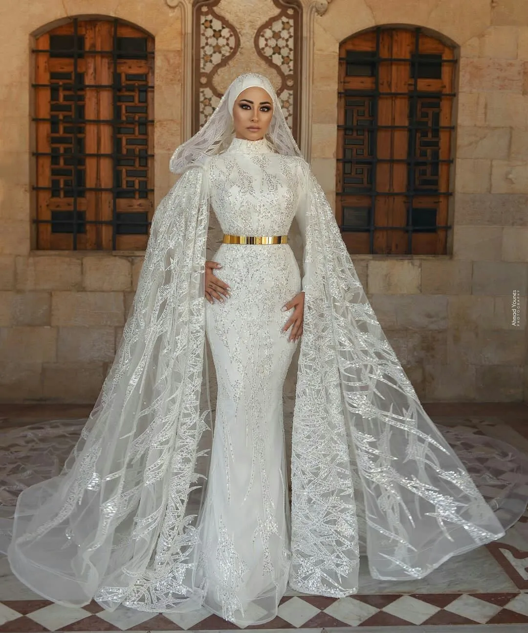 2021 جديد فستان زفاف مسلم مع الحجاب مقنع كيب الترتر زي العرائس طويلة الأكمام مخصص الديكور vestido de novia