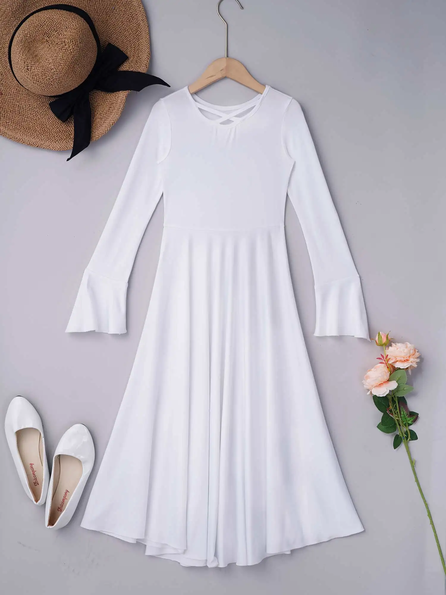 Kids Meisjes Lof Lange Jurk Witte Losse Lange Uitlopende Mouwen Liturgical Dans Jurk Lyrical Kerk Christian Aanbidding Dancewear