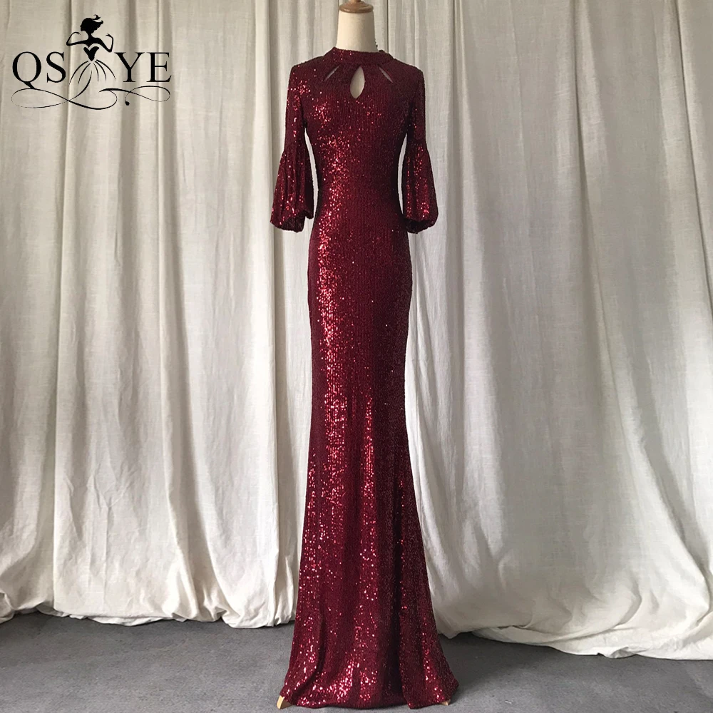 

Flare Sleeves Red Evening Dresses Elegant Sequin Mermaid Formal Party Dress Keyhole High Neck Burgundy Fit Decent Prom Dress New