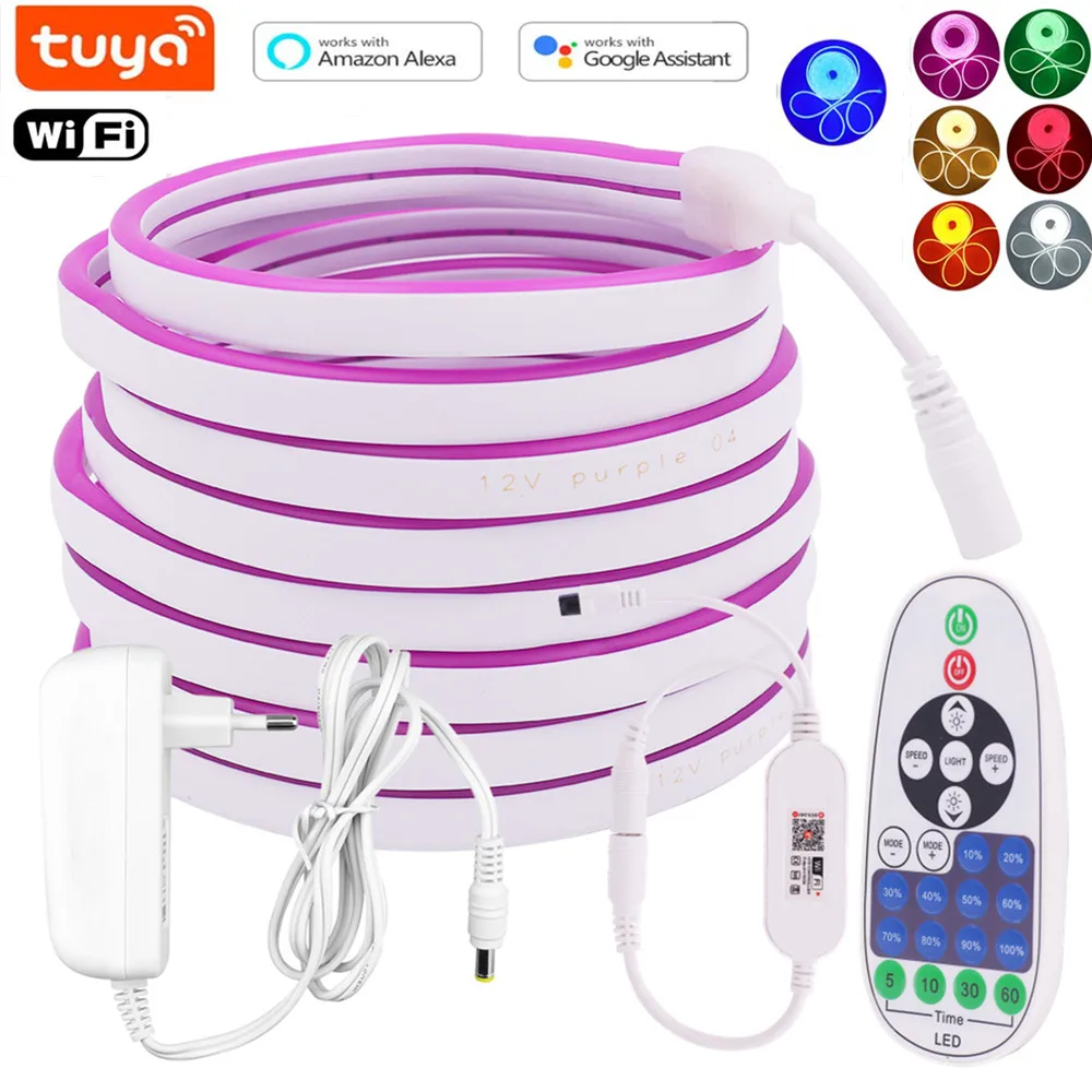 12V WIFI Neon Light LED Strip With Tuya APP Remote Control 1/2/3/4/5M Smart Life Dimmable Neon Backlight Lamp Tape Home Lighting