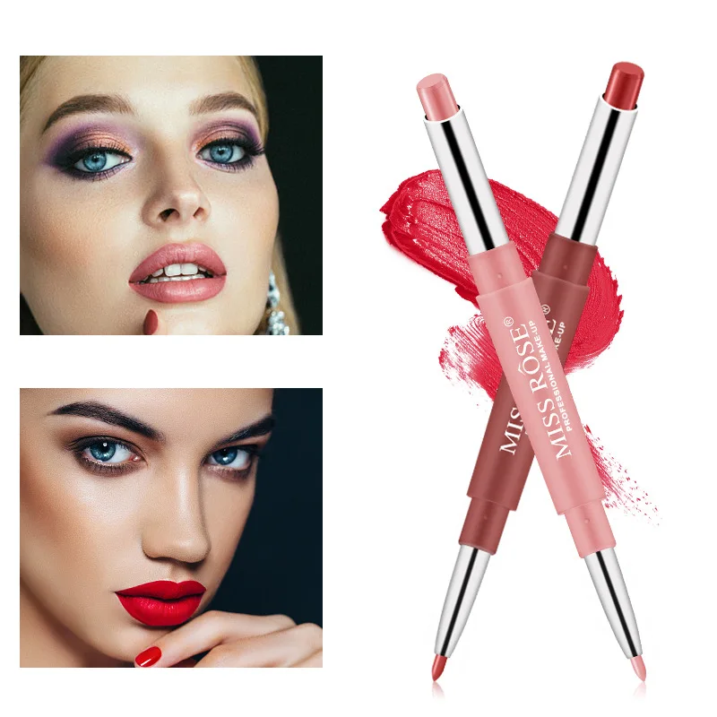 Miss Rose Double-ended Matte Lipstick Waterproof Makeup Lip Stick Long Lasting Pink Red Nude Lipstick Pen Easy To Wear Lipliner