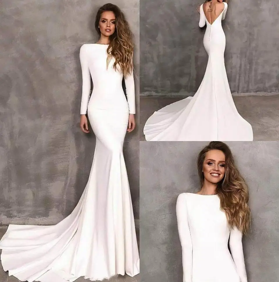 

New Vintage Berta Mermaid Wedding Dresses Stretch Satin Long Sleeve Backless Bridal Gowns vestidos de novia Wed Dress Wed Custom