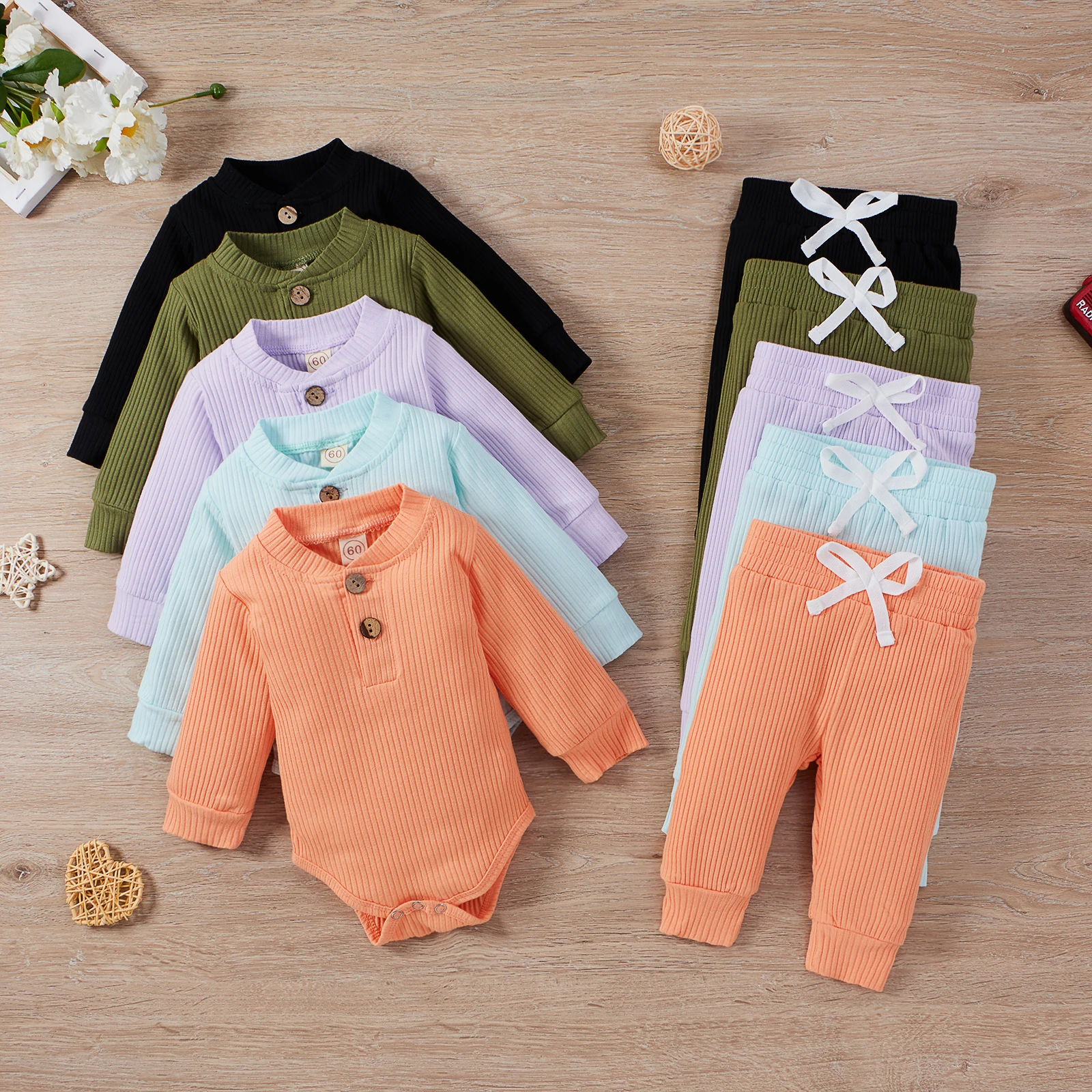 Newborn Baby Clothes Set Boys Girls Long Sleeve Ribbed Jumpsuit+Elastic Waist Trousers+Bow-knot 3PCS Toddler Infant Suit