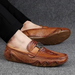 Crocodile Pattern Genuine Leather Loafers Mens Luxury Slip On Moccasins Casual Driving Shoe Men Boat Shoes