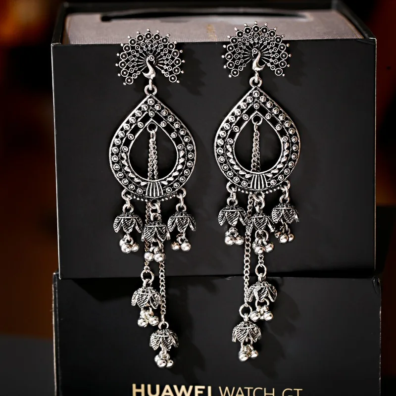 

Women's Vintage Silver Color Water Drop Long Jhumka Earrings Indian Jewelry Turkish Carved Bells Earrings Tribal Gypsy Jewelry