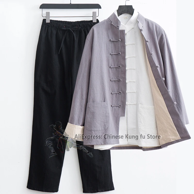 3 Pieces Cotton Linen Chinese Kung fu Wing Chun Suit Tai Chi Uniforms Martial arts Meditation Jacket and Pants Tang Clothes