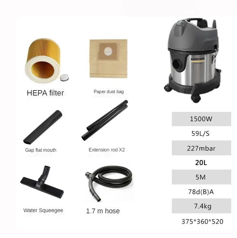 1500W อุตสาหกรรม Commercial สูญญากาศ Kach ในครัวเรือนเครื่องดูดฝุ่น20L เปียกและแห้งประเภทถัง