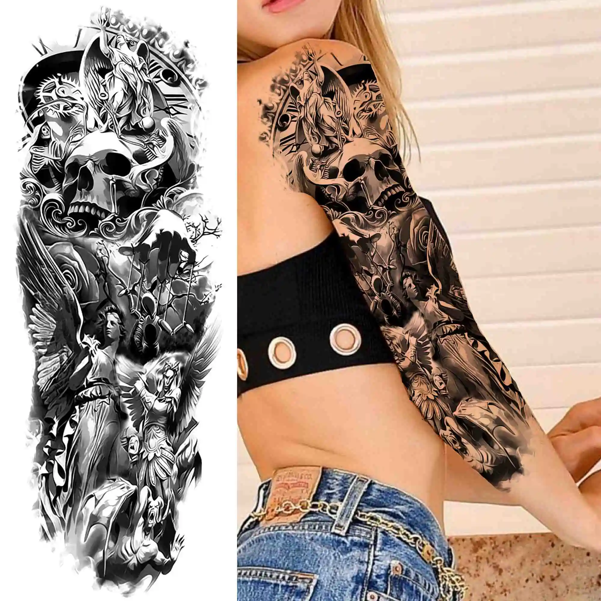 Flower Temporary Tattoo For Women Men Adult Full Arm Demon Wings Tattoos Sticker Sleeve Fake Black Skull God Tatoos Shoulder