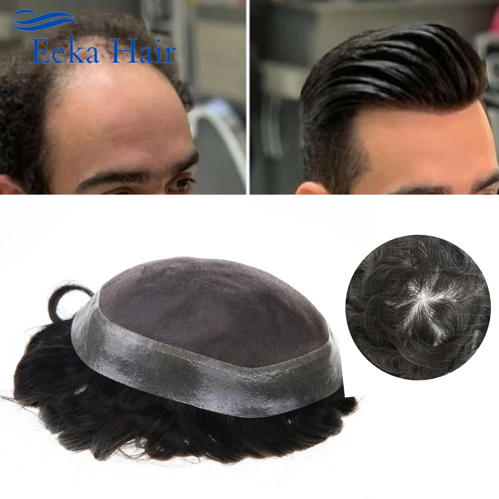 

Fine Mono Mens Toupee 1B# Natural Black Remy Human Hair System Clear Poly Skin Around Hairpiece Monofilament Wig for men