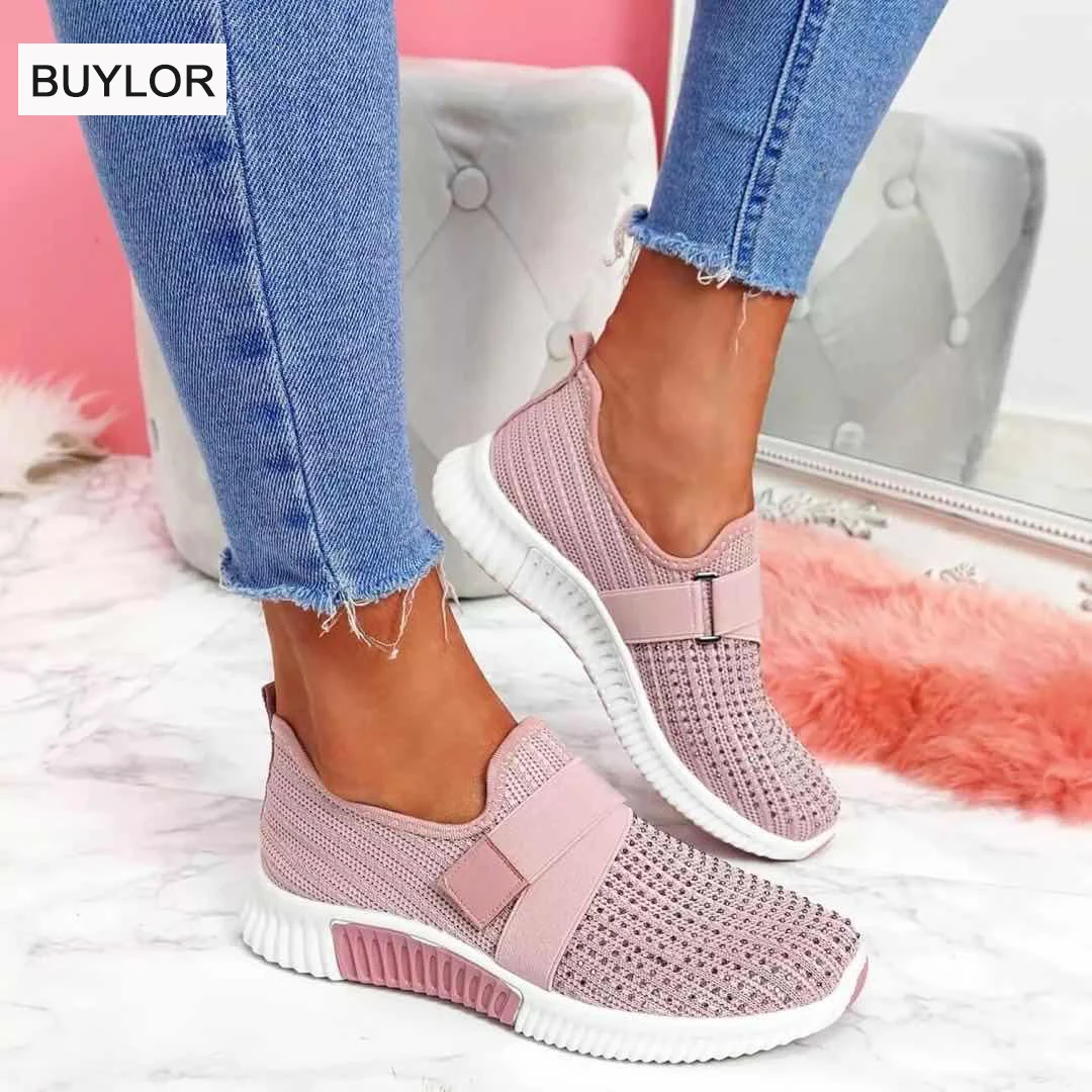 Modne buty damskie płaskie miękkie dno Mesh oddychające codzienne tenisówki Rhinestone pojedyncze buty duże rozmiary damskie obuwie sportowe