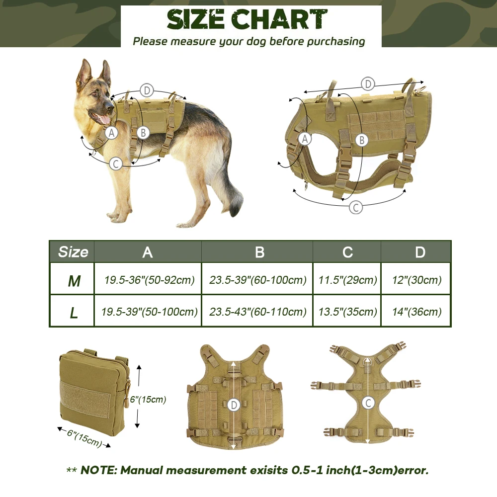 Dog Tactical Harness Molle Vest Adjustable Military Pet Training Harness For Medium Large Dogs With 2 Detachable Pouches Outdoor