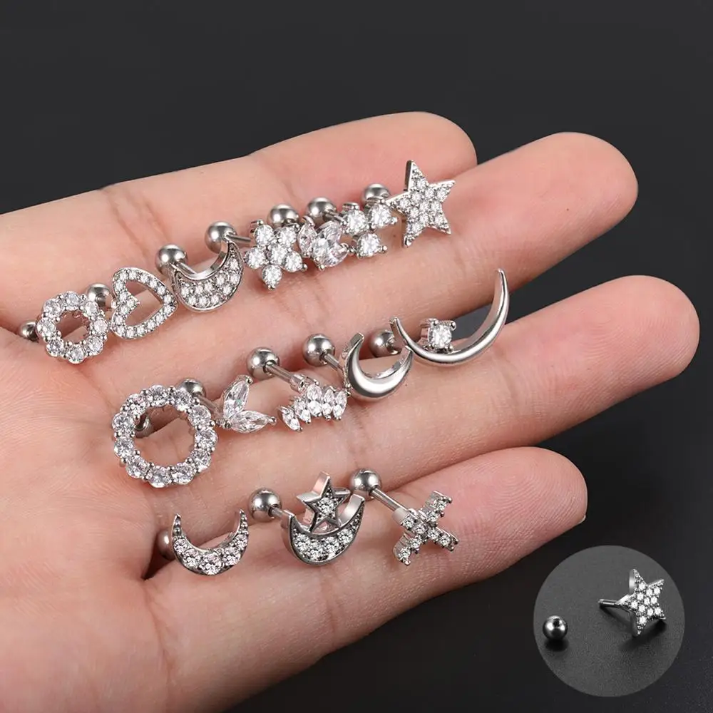 1PC Cross Star Moon Flower CZ Tragus Cartilage Piercings Ear Stud Helix Piercings Crystal Daith Rook Earrings Women Jewelry 16G