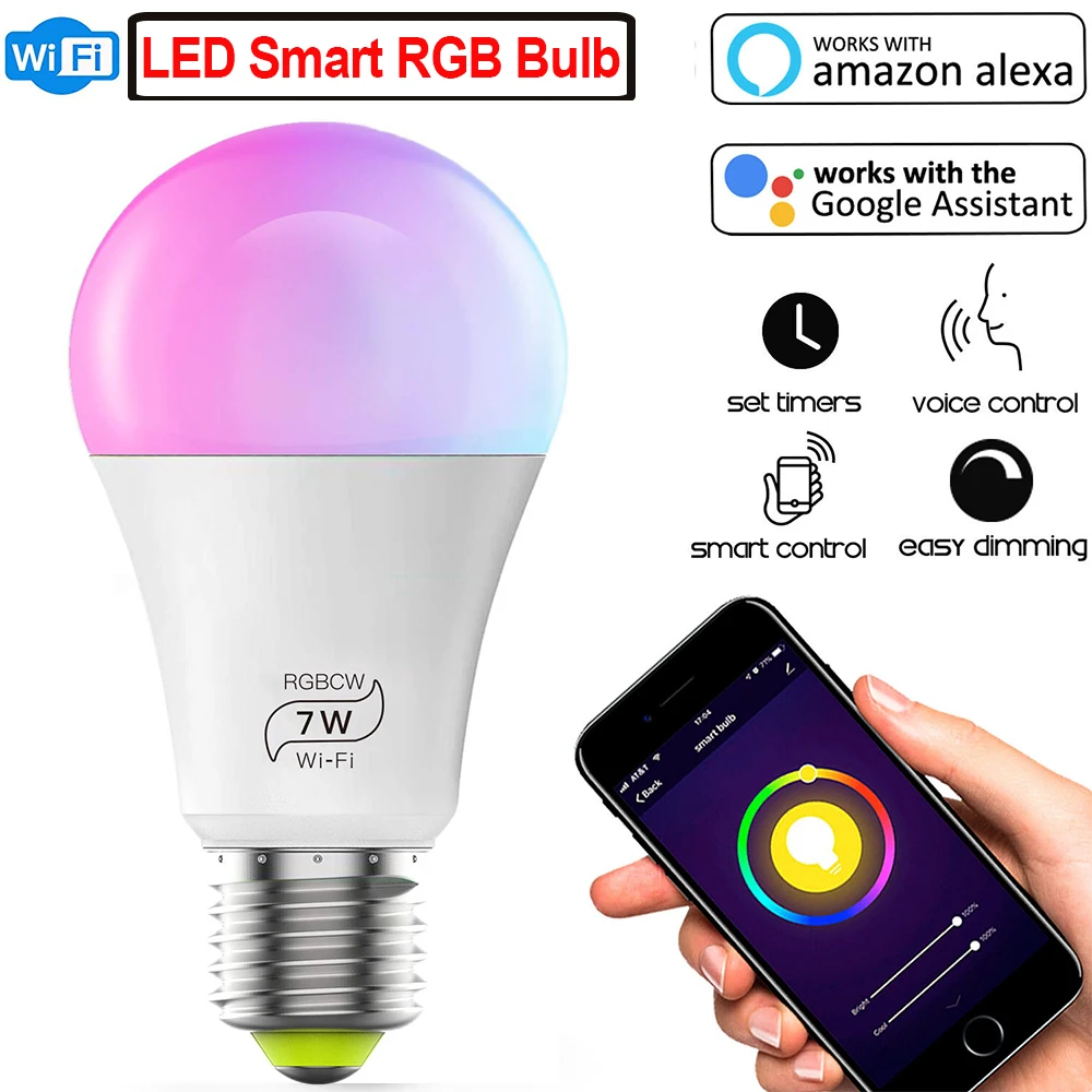 7W E27 Wifi RGB LED Bulb Dimmable Smart Light Home Party Decor Voice Control Magic Bulb Lamp With Alexa and Google Assistant D30