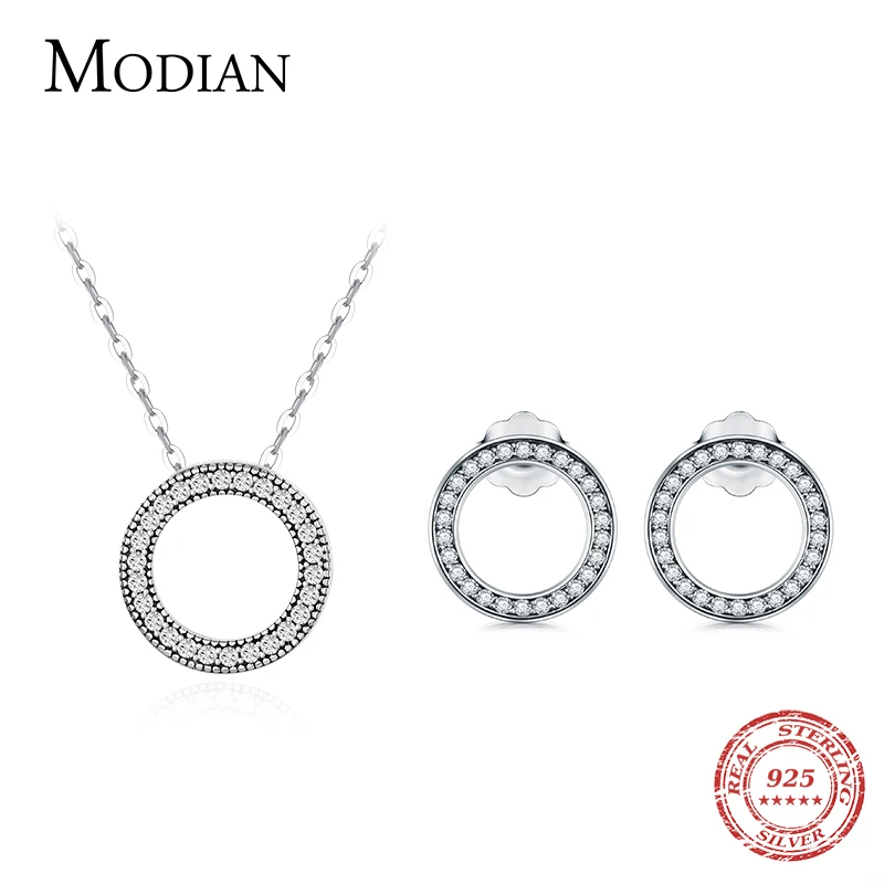 Modian Classic Circle Sparkling CZ Stud Earrings 925 Sterling Silver Heart Romanti Jewelry Sets For Women Fine Necklace Pendant