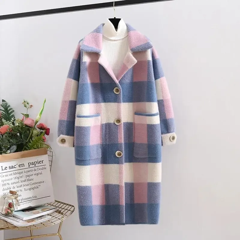 Fall/Winter Women\'s Jacket Imitation Mink Velvet Coat New Plaid Mid Long Overcoat Sweater Cardigan Jacket Lapel Warm Female Top