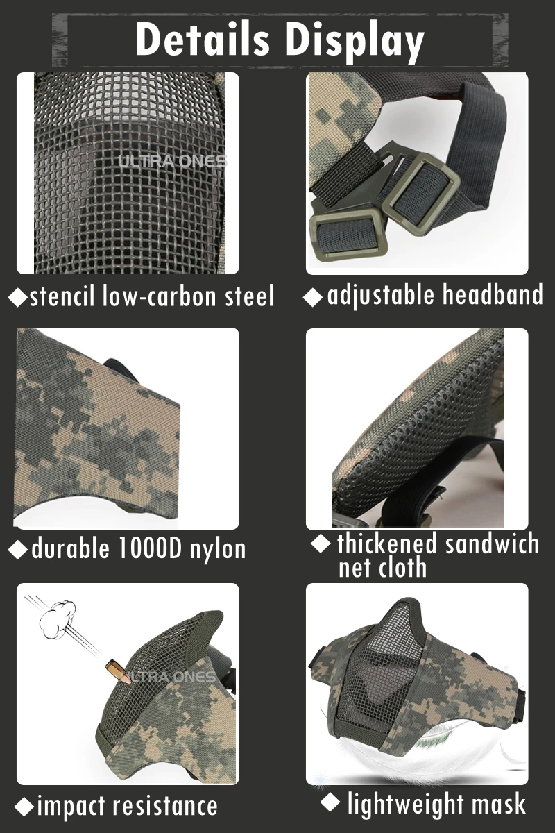 Airsoft-Gesichtsmaske, atmungsaktiv, kohlenstoffarm, Stahlgeflecht, schützendes Schießen, Paintball-Maske, CS Wargame, taktische Halbgesichtsmaske – Detail 16
