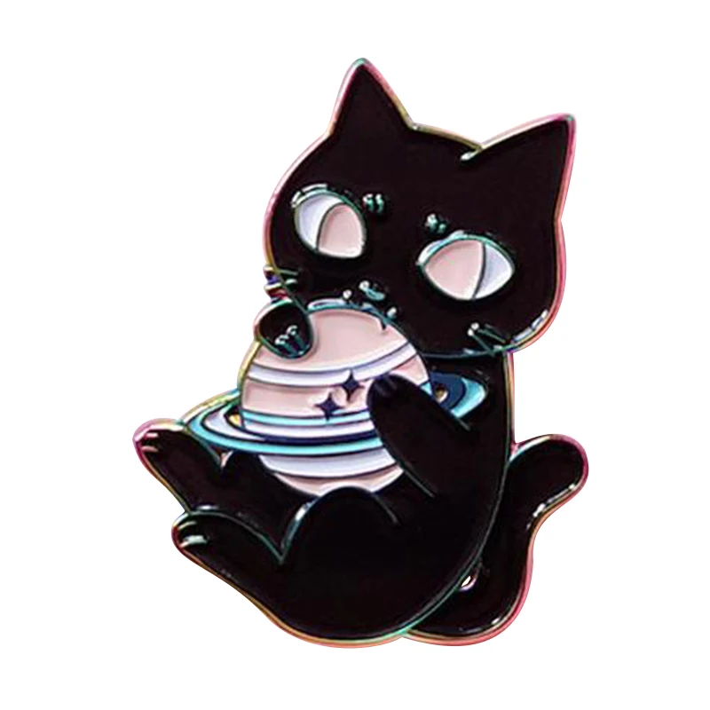 Rainbow Metal Cosmic Cat Design Brooch Kitty Eating Saturn Flair Pin Cute Pink Eyes Match the Planet Little destroyer of worlds!