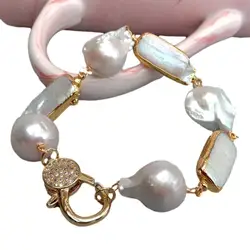 Y.YING Natural Cultured White Rectangle Pearl Keshi Pearl Bracelet Cz Pave Lobster Clasp