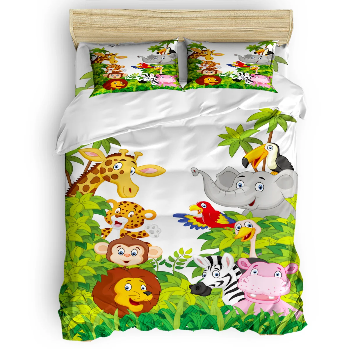 Jungle Forest Animal Cartoon Giraffe Lion Zebra Elephant Home Textile Duvet Cover Pillow Case Bed Sheet Kids Bedding Linens Set