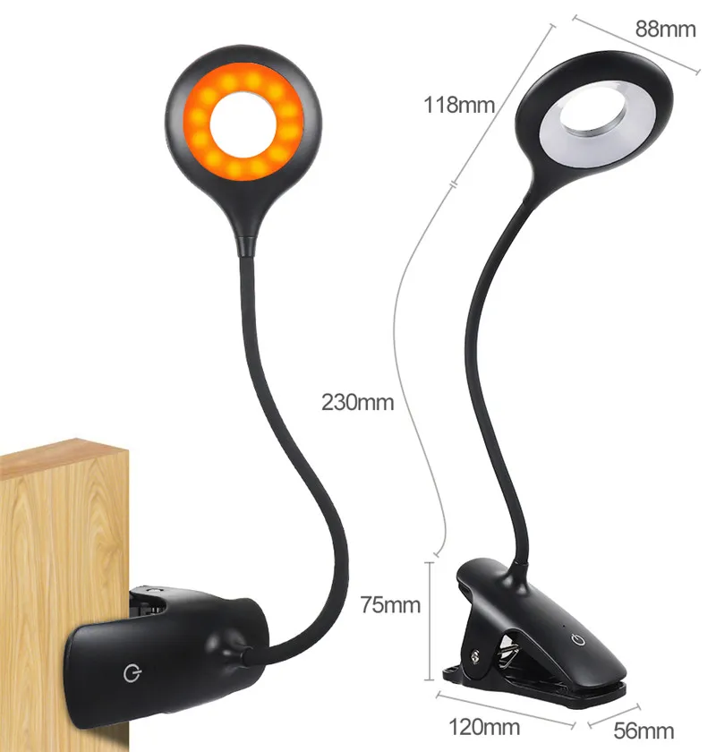 Clip On Table Lamp Blue Light Blocking Amber LED Desk Lamp USB Rechargeable Table lights Dimmable Book light for Study Reading
