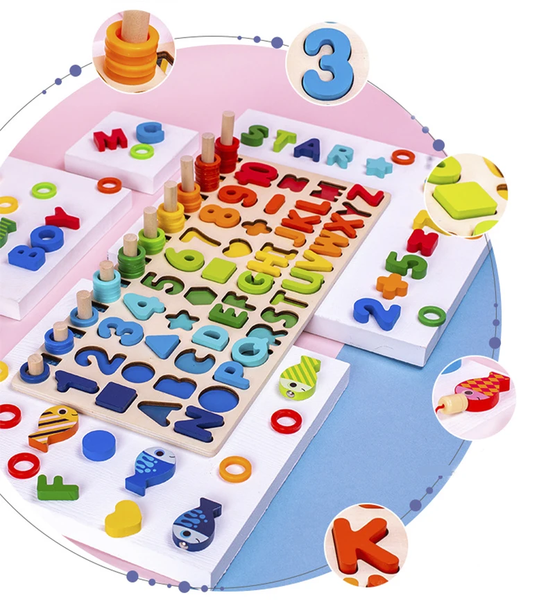 3D Wooden Toys Montessori Magnetic Fishing Digital Shape Matching Blocks Educational Toys For Children Busy Board Math Preschool