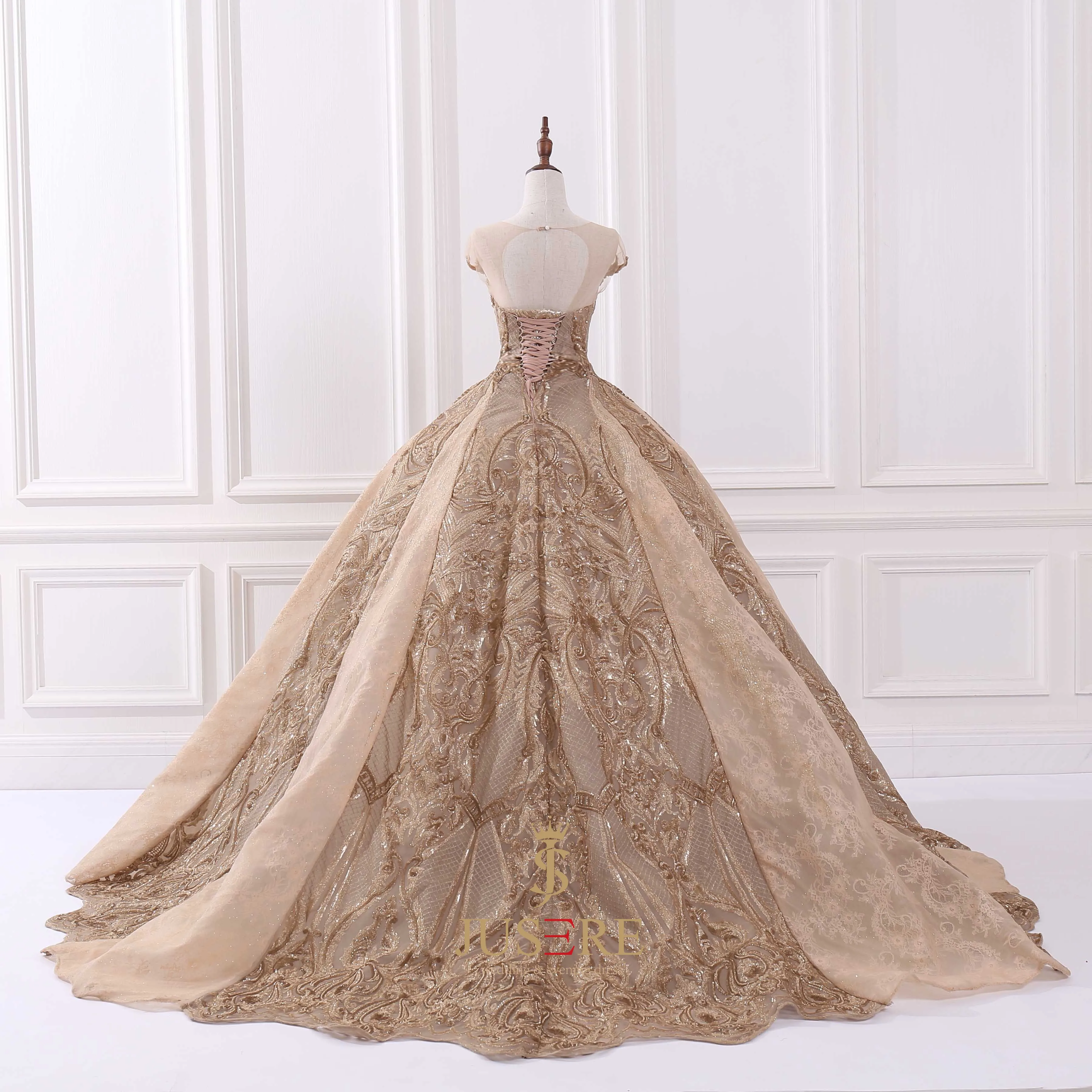 ราคาแพงสีทอง Puffy Ball Gown สไตล์อาหรับ Jusere จริงหรูหรา Ball Gown เลื่อมชุดราตรี2021